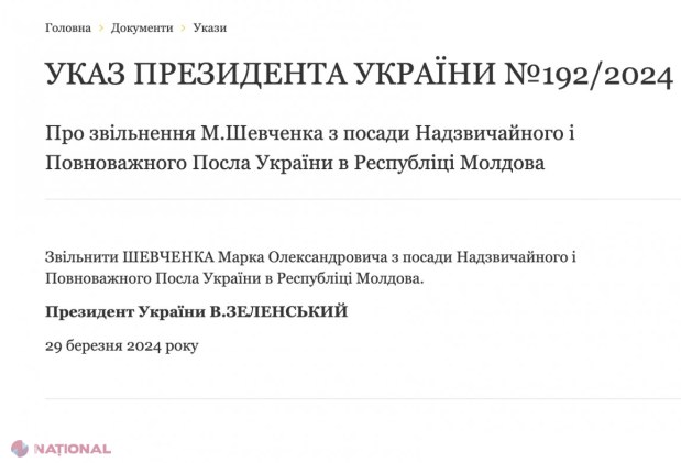 Zelenski își dorește un nou AMBASADOR al Ucrainei în R. Moldova. Marko Șevcenko a fost REVOCAT din funcție printr-un decret prezidențial, în legătură cu expirarea mandatului de patru ani