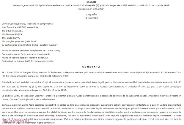 DOC // Curtea Constituțională a RESPINS solicitarea deputatului Sîrbu în privința competențelor extinse ale CSS