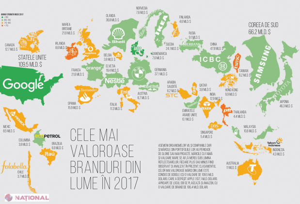 HARTĂ // Cele mai VALOROASE branduri în 2017 din întreaga lume: Google le bate pe toate