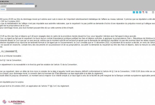 DOC // Alexandr Stoianoglo a cerut despăgubiri de 20 000 de euro, iar CtEDO a acceptat doar 3 600: Înalta Curte de la Strasbourg afirmă că fostului șef al PG i-a fost încălcat dreptul de acces la o instanță pentru a contesta suspendarea din funcție