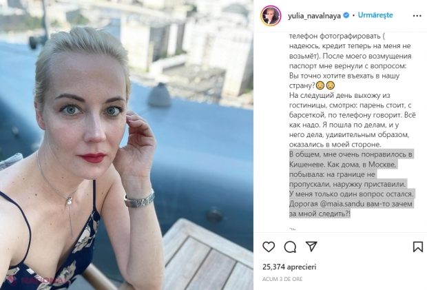 Soția lui Navalnîi, vizită STRANIE la Chișinău. Aceasta susține că ar fi fost FILATĂ și nu a evitat să LOVEASCĂ în Maia Sandu: „Dragă Maia Sandu, de ce ați avut nevoie să mă urmăriți?”. Răspunsul de la PREȘEDINȚIE și SIS
