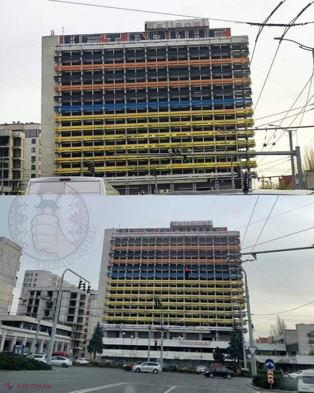 PROVOCARE la Chișinău: Culorile steagului ucrainean, alături de panglica negru-oraj, simbol al agresiunii militare ruse împotriva Ucrainei: Clădirea hotelului „Național”, revopsită noaptea trecută