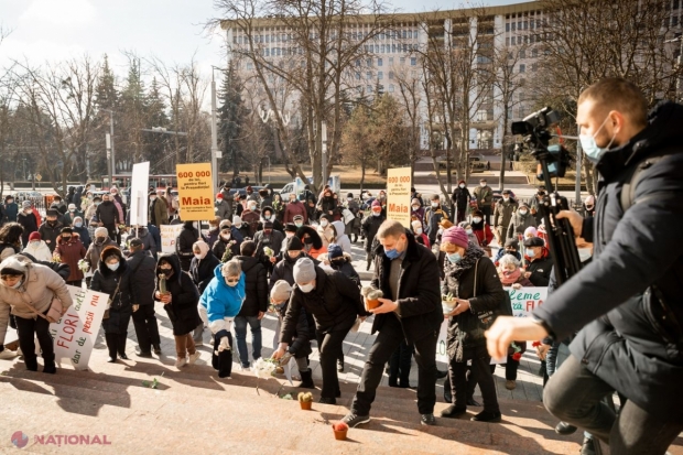 FOTO // „Bani de flori aveți, dar de pensii nu!”. Simpatizanții Partidului „ȘOR” i-a adus flori Maiei Sandu, inclusiv cactuși, pentru „ca să nu cheltuie banii poporului”