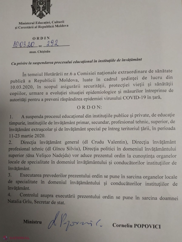DECIS, DOC // Activitatea  instituțiilor de învățământ din R. Moldova,  SUSPENDATĂ OFICIAL până pe 23 martie. Ordinul semnat de ministrul Educației