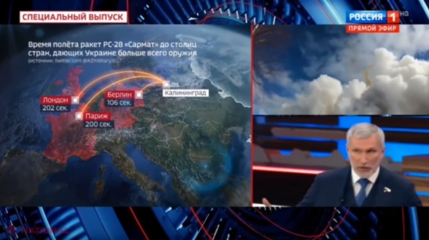 VIDEO // Propagandiștii lui Putin și-au pierdut cumpătul. Aceștia au calculat în cât timp o rachetă NUCLEARĂ „Satan-2” ajunge la Berlin, Paris și Londra: „Trebuie să o facem, care e problema? Un „Satan-2” și s-a terminat cu Marea Britanie…”