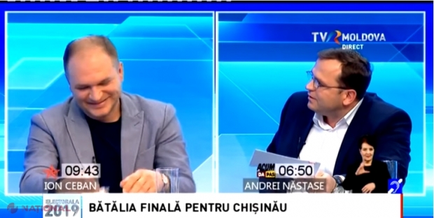 VIDEO // Viceprimarul Bucureștiului a fost numit „CLOUN” de către Andrei Năstase. Ion Ceban l-a corectat pe contracandidatul său: „În limba română se spune CLOVN”. Liderul PPDA a fost întrebat de ce a votat în favoarea Rusiei la APCE