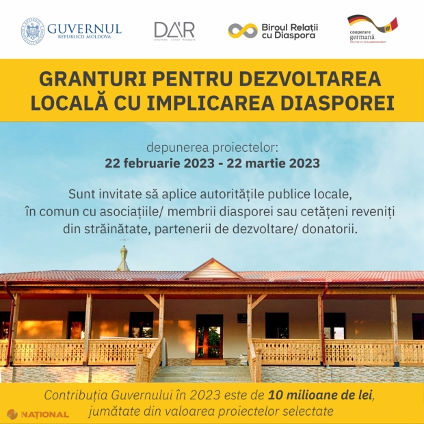 Cetățenii R. Moldova din DIASPORĂ sunt încurajați să se implice în dezvoltarea localităților de baștină: O nouă rundă de GRANTURI în cadrul programului „DAR 1+3”