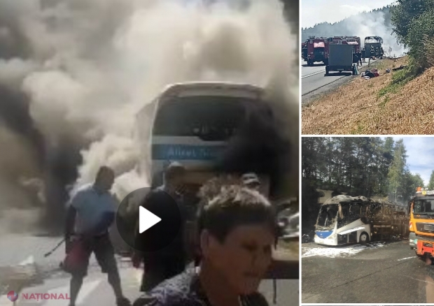 VIDEO // Un autocar care transporta moldoveni din Spania a ars ca o torță pe o autostradă din Austria