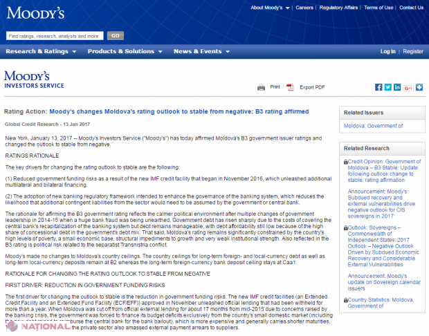 R. Moldova, de la „NEGATIV” la „STABIL” în ratingul făcut public de Moody's