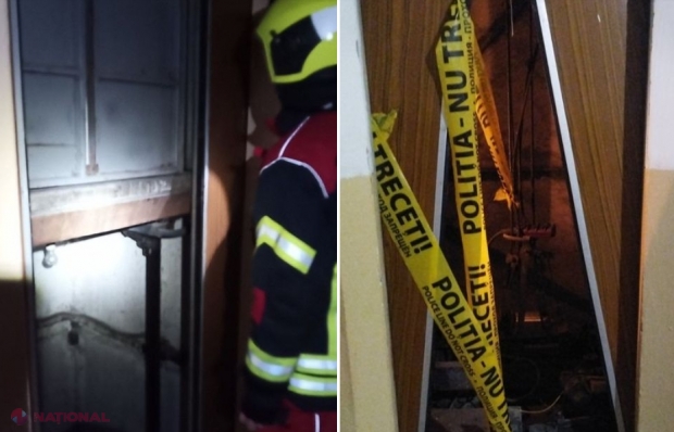 FOTO // Ascensor vechi, căzut în gol într-o clădire de pe bulevardul Moscova din Chișinău. Patru persoane, care se aflau în interior, au trăit clipe de groază
