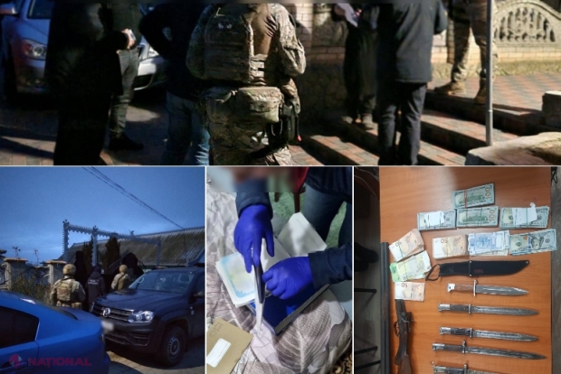 FOTO // Zeci de mii de dolari și euro, arme și BAIONETE, depistate la domiciliile a trei suspecți în organizarea migrației ilegale. Membrii grupării organizau trecerea ILEGALĂ a bărbaților ucraineni peste frontiera moldo-ucraineană