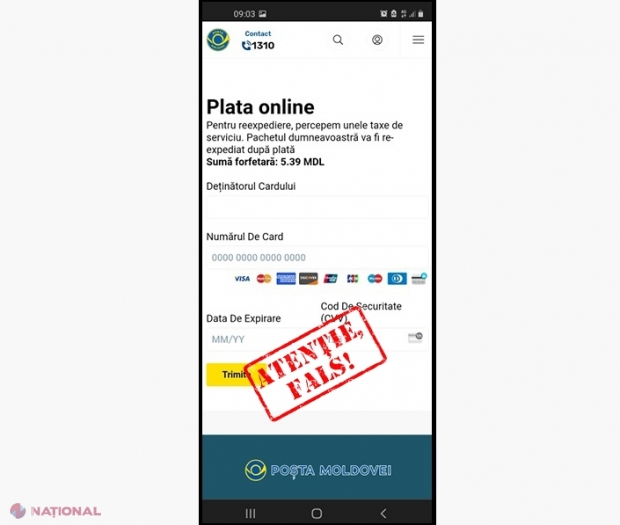 Tot mai multe cazuri de ESCROCHERIE! Mesaje false trimise chipurile din partea „Poștei Moldovei”: NU oferiți datele cardului bancar prin SMS  