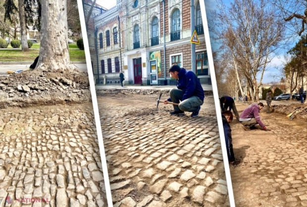 FOTO // Caldarâmul DESCOPERIT sub asfaltul de pe strada 31 August 1989 din Chișinău datează din 1868 - 1870. Reprezentanții Agenției Naționale Arheologice au demarat lucrările de CURĂȚARE și punere în valoare a caldarâmului