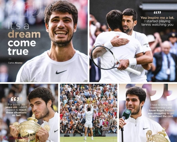 VIDEO // Carlos Alcaraz, noul CAMPION de la Wimbledon. Spaniolul a obținut un succes istoric împotriva sârbului Djokovic, cu 16 ani mai în vârstă: ,,Novak, am crescut văzându-te cum joci. M-ai inspirat când eram mic, te-am văzut câștigând turnee