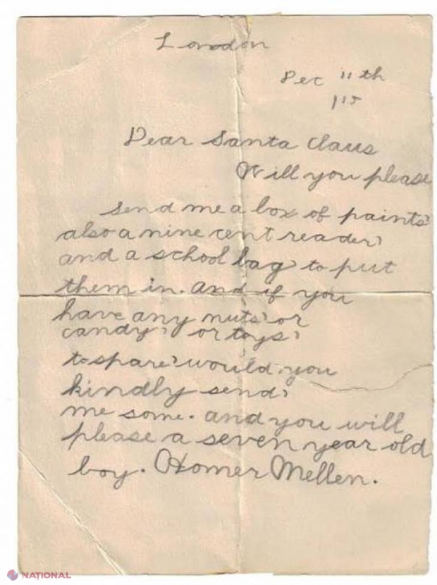 SCRISOARE trimisă de un băieţel pentru Moş Crăciun în 1915 