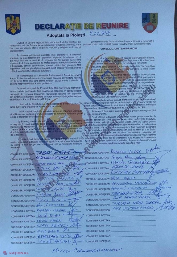 Prahova, PRIMUL județ din România care semnează Declarația de reUNIRE