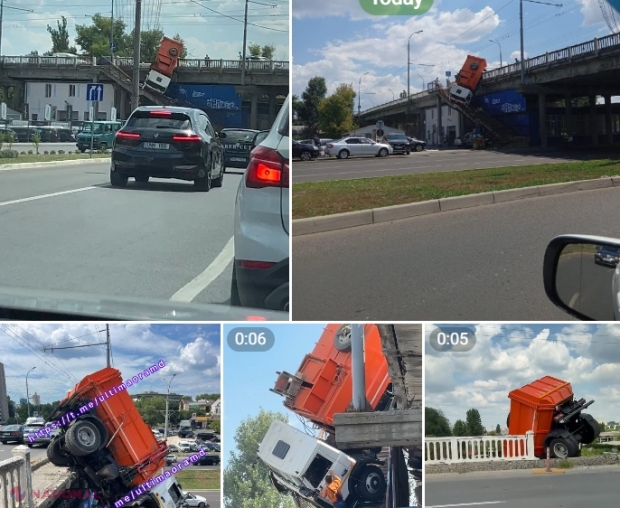 VIDEO // O autospecială pentru transportarea gunoiului, care aparține a Primăriei Chișinău, la un pas să se PRĂBUȘEASCĂ pe podul de pe strada Ismail. Șoferul a scăpat cu viață