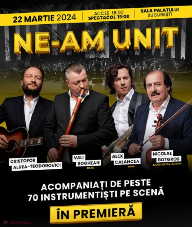 După succesul înregistrat la Chișinău, „Lăutarii” lui Nicolae Botgros, Vali Boghean Band, Cristofor Aldea-Teodorovici și Alex Calancea Band vor susține spectacolul „Ne-am UNIT” și la București