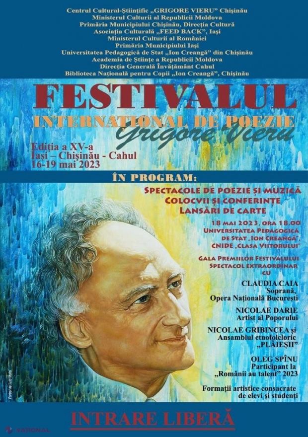 PROGRAM // Festivalul Internațional de Poezie „Grigore Vieru”, la a XV-a ediție: 20 de scriitori din România, Republica Moldova, Italia și Anglia vor participa la mai multe manifestări culturale în orașele Iaşi, Chişinău și Cahul