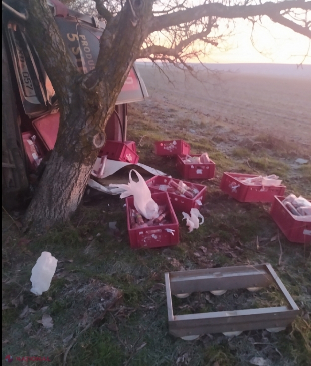 FOTO // Salam împrăștiat pe marginea drumului: O mașină a unei fabrici de mezeluri, implicată într-un accident rutier