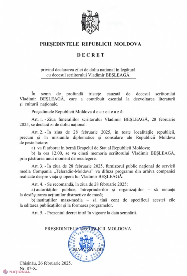 Zi de doliu național pe 28 februarie în memoria scriitorului Vladimir Beșleagă