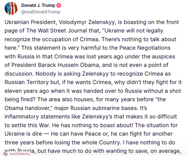 Trump critică vehement declarațiile lui Zelenski despre Crimeea și pacea cu Rusia