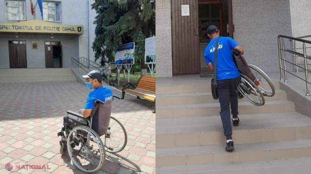„Minune” la Cahul: Un tânăr s-a sculat din scaunul cu rotile și a ridicat scările de la Inspectoratul de Poliție vioi, cu acesta subțioară