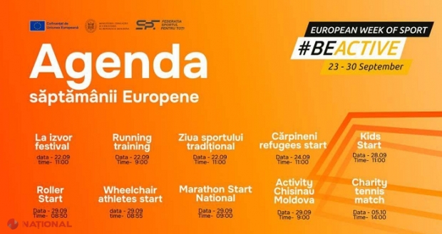 PROGRAM #BeActive // Săptămâna Europeană a Sportului, cu multiple activități în perioada 23 - 30 septembrie: Starturi similare în cinci orașe din R. Moldova și meci de tenis caritabil între Radu Albot și Marius Copil