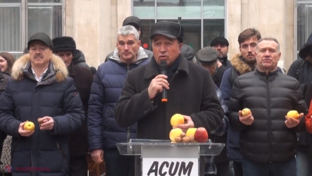 VIDEO // Reprezentanții blocului „ACUM”, cu mere și nuci la protest în fața Guvernului