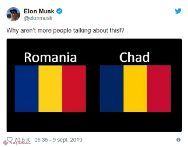 Elon Musk, uimit că România şi Ciad au steaguri asemănătoare: De ce nu se vorbeşte mai mult despre asta?