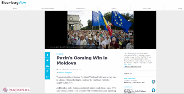 Bloomberg: „Ceea ce se întâmplă în R. Moldova este în interesul Rusiei”