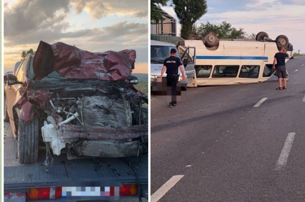 FOTO // Accident groaznic lângă Cojușna: Un microbuz cu pasageri s-a RĂSTURNAT, iar o persoană a decedat pe loc