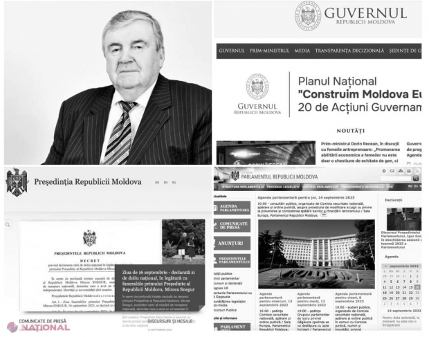 DOLIU // Paginile web ale Guvernului, Președinției, Parlamentului și altor instituții publice, în culori alb-negru, în ziua în care e înmormântat primul președinte al R. Moldova, Mircea Snegur