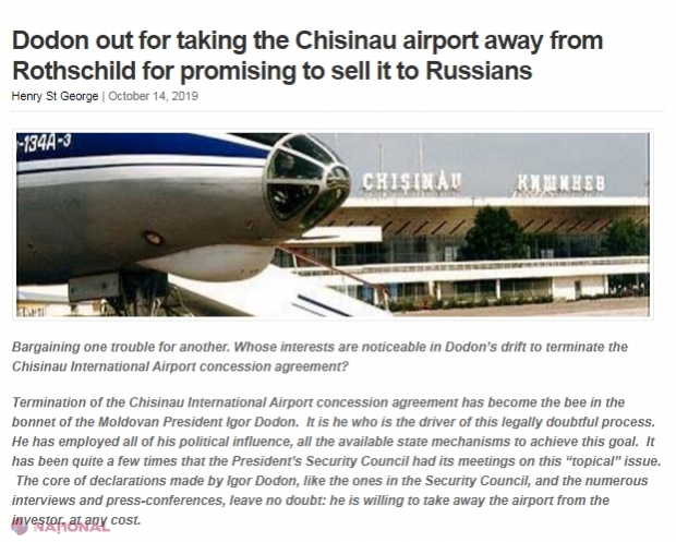 EUREPORTER: „Dodon vrea să ia Aeroportul Internațional Chișinău de la Rotschild, pentru că a promis să-l vândă rușilor. Se grăbește ca un TANC RUSESC, măturând tot ce-i stă în cale”