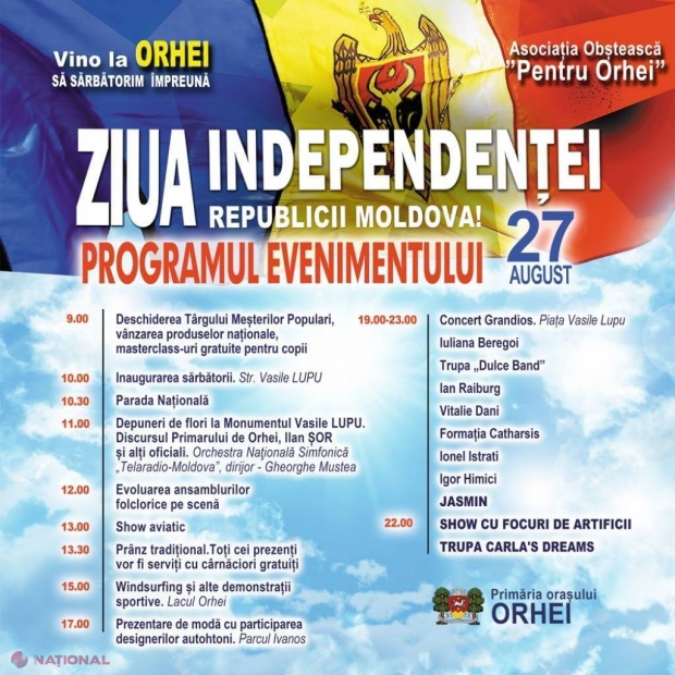 Ziua Independenţei la Orhei. Primăria a publicat PROGRAMUL integral al acţiunilor în cadrul cărora Jasmin va cânta în limba română piesa „Romantică”
