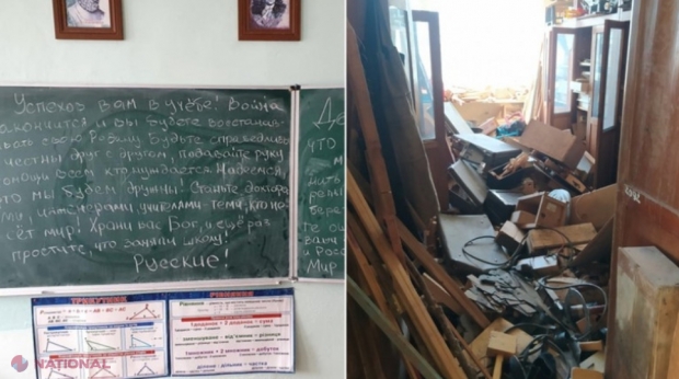 FOTO // După ce le-au BOMBARDAT școala, soldații ruși au scris cu creta pe tablă un mesaj pentru copiii ucraineni