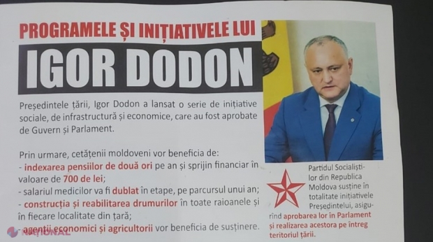 FOTO // Igor Dodon a FURAT STARTUL în campania electorală prezidențială? Reprezentanții PSRM au început deja să distribuie pliante cu „realizările” șefului statului. E vorba și de proiecte demarate încă de Plahotniuc 