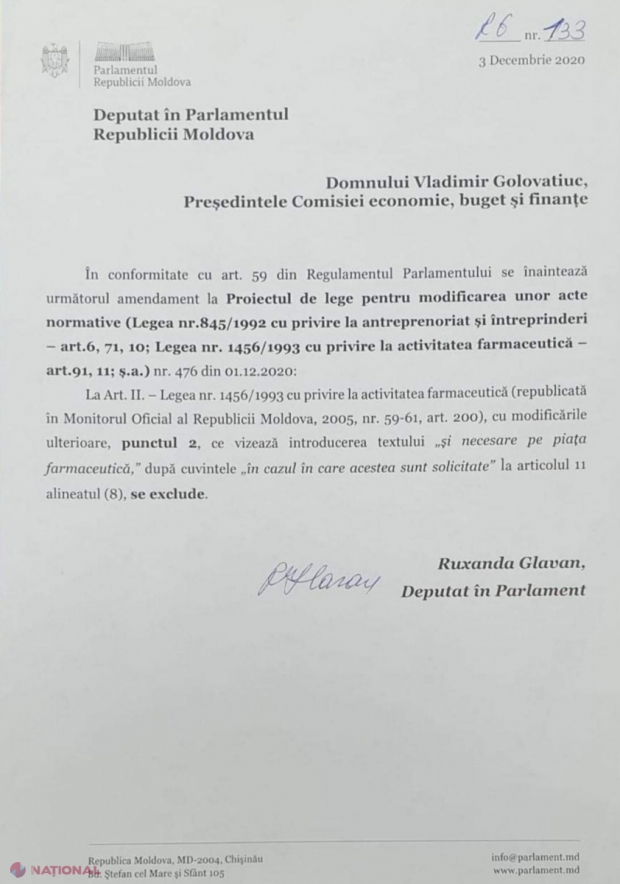 DOC // Platforma „Pentru Moldova” prezintă DOVADA că nu este autorul unui amendament legat de piața farmaceutică
