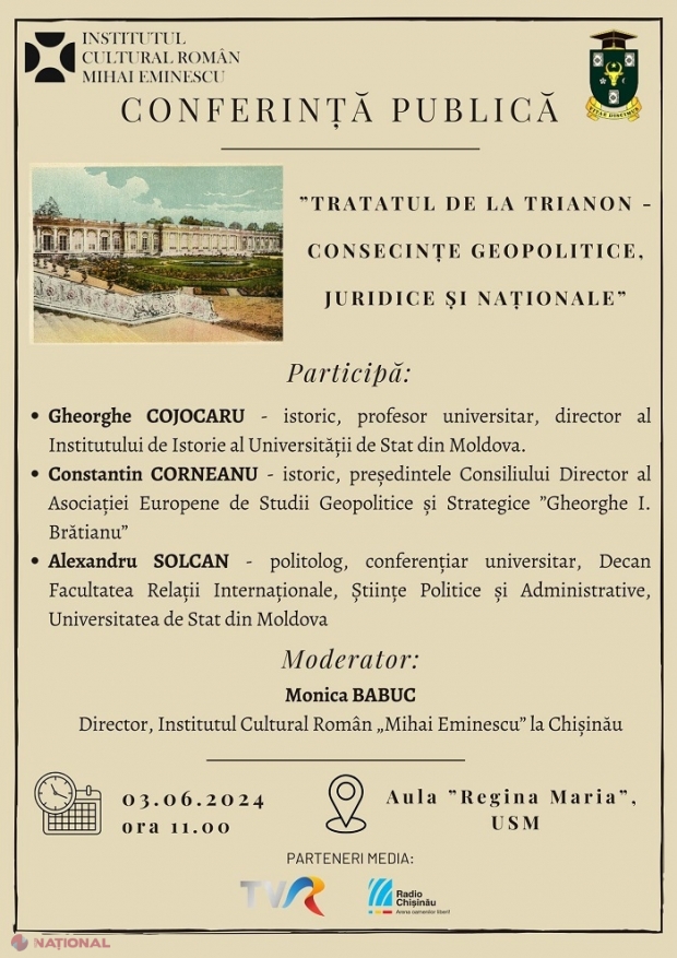 Ziua Tratatului de la Trianon, marcată la Chișinău: Istoricii vor prezenta efectele acestui eveniment istoric asupra națiunii române
