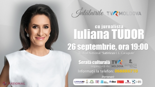 „Întâlnirile TVR Moldova”: Serată culturală cu jurnalista Iuliana Tudor, un simbol al Televiziunii ROMÂNE. Accesul la eveniment, în care cadrul căruia invitații vor putea pune întrebări invitate, este GRATUIT