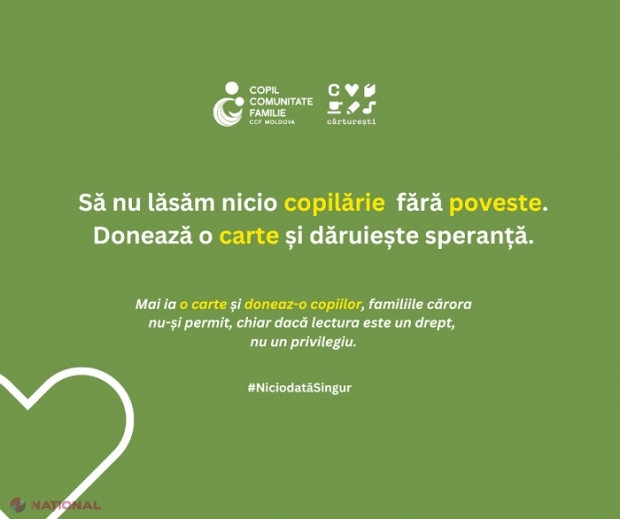 „Să nu lăsăm nicio copilărie fără poveste”, campanie lansată de Ziua Națională a Lecturii: Vizitatorii librăriilor „Cărturești”, îndemnați să doneze o carte pentru copiii din R. Moldova care luptă cu sărăcia