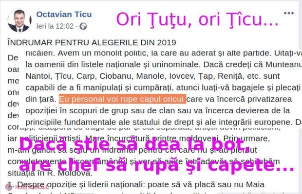 Un candidat al Blocului „ACUM” promite să „RUPĂ CAPUL” colegilor care vor încerca privatizarea opoziției în scopuri de grup sau de clan