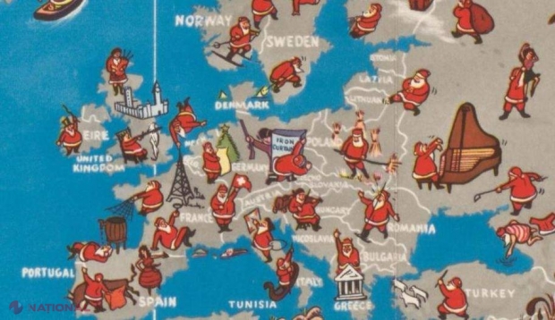 FOTO // O hartă din 1955 prezintă aventurile lui Moş Crăciun prin lume în timp ce livrează cadouri. Ce a păţit în România 