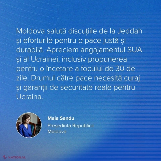 Maia Sandu, după discuţiile de la Jeddah: ,,Apreciem angajamentul SUA și al Ucrainei, inclusiv propunerea pentru o încetare a focului de 30 de zile