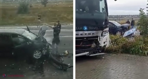 VIDEO // Accident în lanț în preajma PTF Leușeni. Pasagerii unui autobuz au tras o sperietură zdravănă, după impactul violent cu un VW Touran