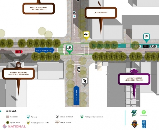 Strada 31 August 1989 din centrul Chișinăului, de NERECUNOSCUT: Coridor verde „pentru om, nu pentru mașină” și pistă pentru bicicliști. Ce se va întâmpla cu spațiile de parcare