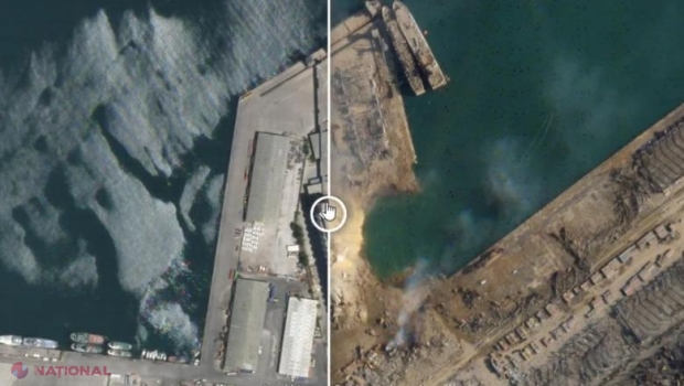 VIDEO // Imagini din satelit. Un crater uriaș a luat locul unei părți din portul orașului Beirut după explozia de marți
