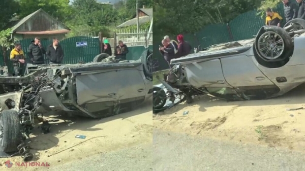 VIDEO // Accident „spectaculos” în Hâncești: Un „BMW” inversat și fără roți, în mijlocul drumului