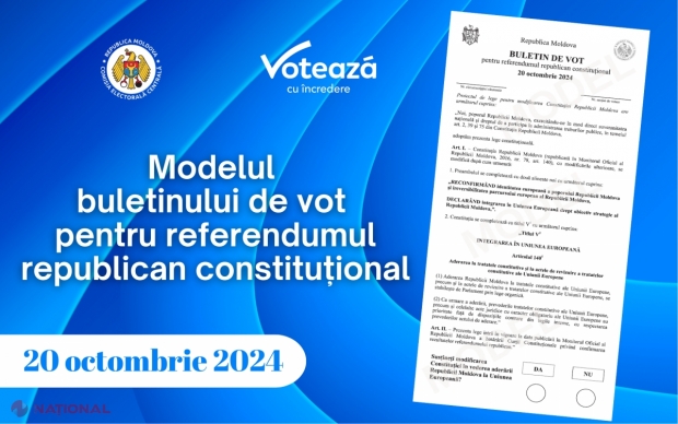 „Susțineți modificarea Constituției în vederea aderării Republicii Moldova la Uniunea Europeană?”. Cum va arăta textul și buletinul de vot la REFERENDUMUL republican constituțional din 20 octombrie