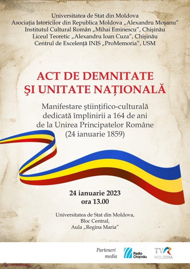 PROGRAM // Mica Unire de la 1859: „Hora Unirii” și prelegeri publice dedicate Unirii Principatelor Române, în aula „Regina Maria” de la USM